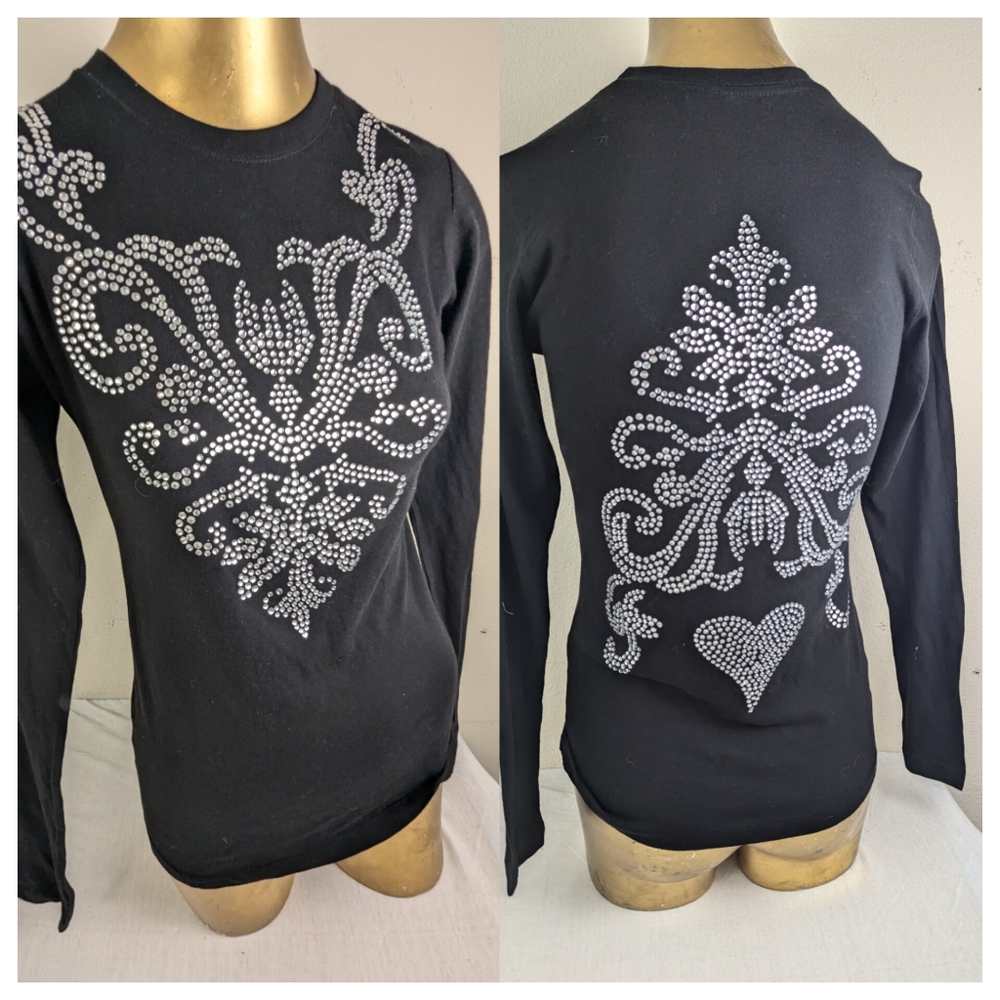 Sabrina Barnett Couture Diva Rhinestone Long Sleeve Stretchy Black Blouse Small